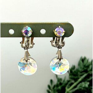 Vintage Crystal Ab Clip On Dangle Earrings Silver Tone Iridescent